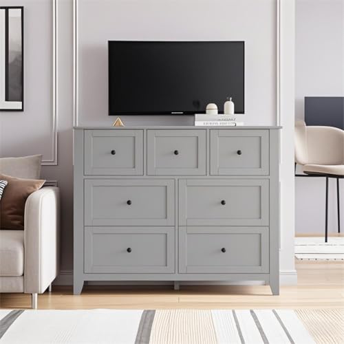 GarveeHome Grey 7 Chest of Drawer Dresser, Modern Storage Cabinet, Wood Organizer TV Stand for 48 inch TV, Bedroom, Living Room, Entryway