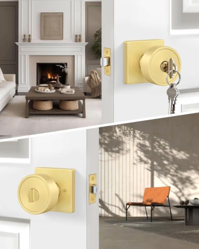 Image of Goldenwarm Gold Entry Door Knob with Lock and Key, Zinc Alloy Keyed Alike Exterior Door Knobs for Front Door, 2 Pack