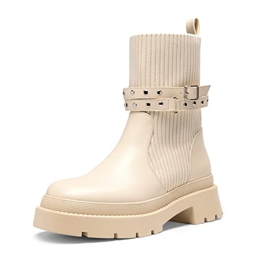DREAM PAIRS Women's SDMB2214W Lug Sole Platform Mid Calf Boots Slip On Chunky Ankle Booties Stride,Beige White,Size 8