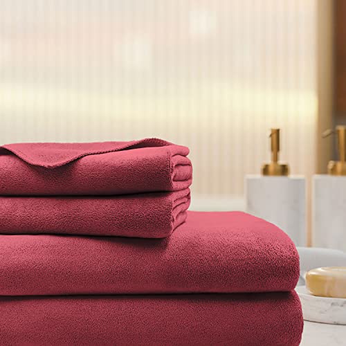 Image of Sassoon Venir Microfiber 4 Piece Towel Set 450 GSM (Crimson Color) Ultra Soft Material, Towel for Daily use
