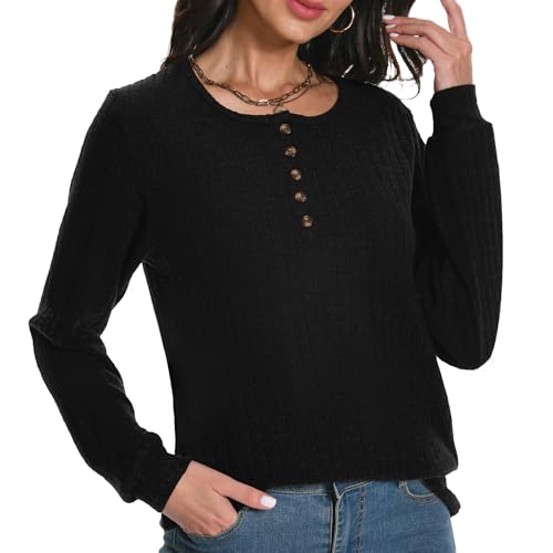 Rolcoassuns Damen Pullover Rundhals Langarm Henley Shirts Casual Leichte Tunika Strickpullover Modische Oberteile