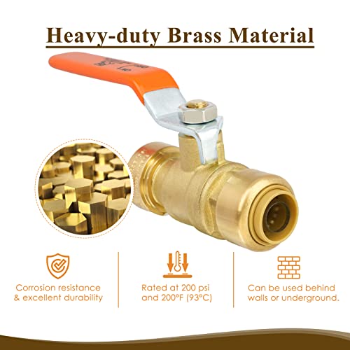 JUWO 1/2\" Ball Valve for PEX, Copper, CPVC Pipe, Push to Connect Brass Plumbing Fitting with Upgraded Stiffener (2 Pack) - Thumbnail 6