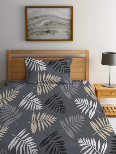 Image of LOOMLYFE 300 TC Cotton Feel Glace Elastic Fitted Printed Single Bed Bedsheet with 1 Pillow Cover Fits Upto 6 Inches Mattress,Size- 42X75X8 Inches, Grey Leaves