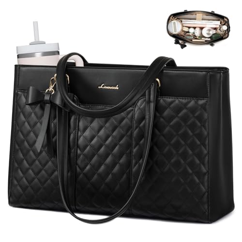LOVEVOOK Laptop Tote Bag for Women,15.6 Inch Work Bags PU Leather Teacher Tote Bag,Waterproof Quilted Computer Bag for Office Professional Briefcase Gifts