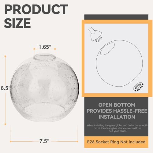 Image of 2 Pack Clear Seeded Glass Shades, Globe Lampshades Replacements 1.65 In Fitter 7.5 In Diameter Transparent Bubble Glass Lamp Shades Covers for Light Fixtures with Chandelier Wall Sconces Pendants