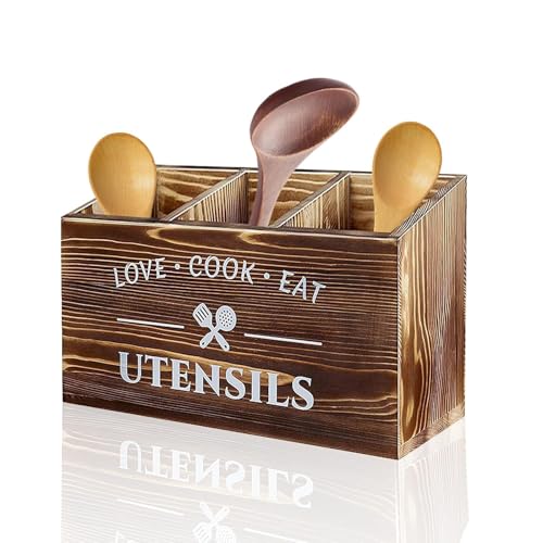 Txmyxgs Portautensili Da Cucina Per Piano Di Lavoro, 3 Scomparti Porta Utensili In Legno, Organizer Per Utensili Da Cucina, In Legno Con Fondo Di Drenaggio, In Rustico (Marrone)