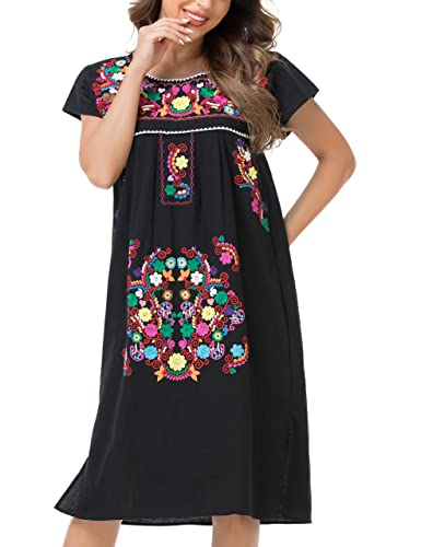 YZXDORWJ Women Mexican Embroidered Long Dress Ruffle Collar Maxi Boho Floral Summer Short Sleeve4
