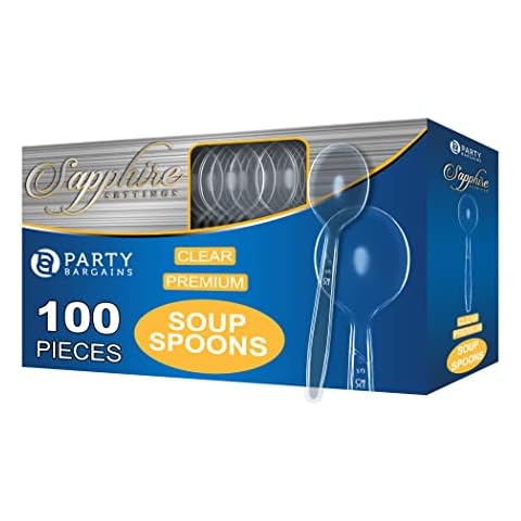 Party Bargains 100 Disposable SoupSpoons [Sapphire] - Clear Heavy Duty Soup Spoons Perfect for Weddings, Buffets, Luncheons Cover