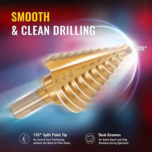 Zelcan SDB-2017-01 10 Sizes Titanium Step Drill Bit, 1/4 To 1-3/8 Inches High Speed Steel Drill Cone Bits For Sheet Metal Hole Drilling Cutting thumb #3