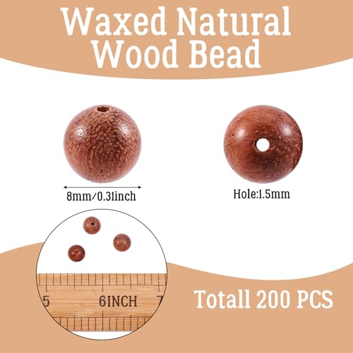 Craftdady 200pcs 8mm Natural Waxed Round Wood Beads Wooden Ball Spacer Loose Beads with 1.4mm Hole for Rosary Jewelry Crafts Making - Image 2