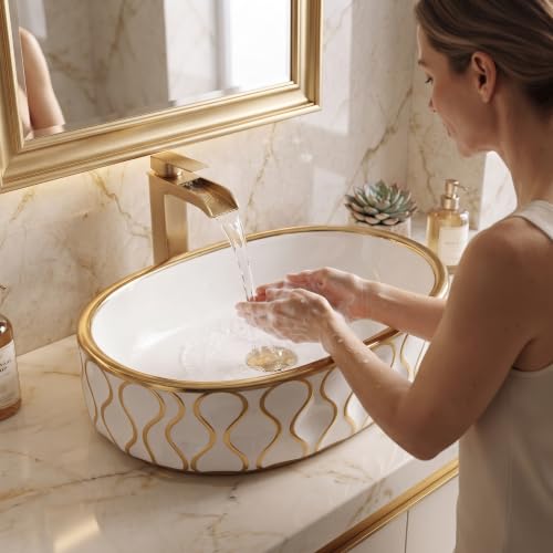Image of Backline 20x13x5.5 Inches Table Top Wash basin | Basin for Bathroom | Countertop Bathroom Basin For Restaurant /Dining Hall /Living Room /Home (Gold White)(5 Years Glaze Warranty)