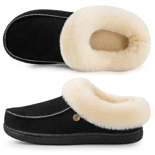 HomeTop Women's Comfy Moccasin Style Memory Foam Slip on Slippers Soft Micro Suede Clog House Shoes with Luxury Fuzzy Fur Collar