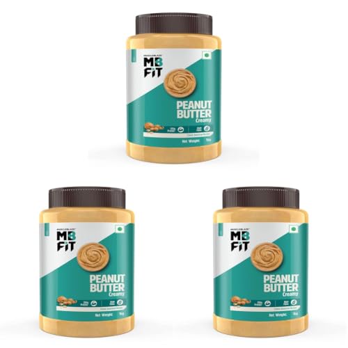 Image of MuscleBlaze Classic Peanut Butter with Omega 3 & 6, Creamy, 26 g Protein, Fibre Rich, No Trans Fat, 1 kg (Pack of 3)