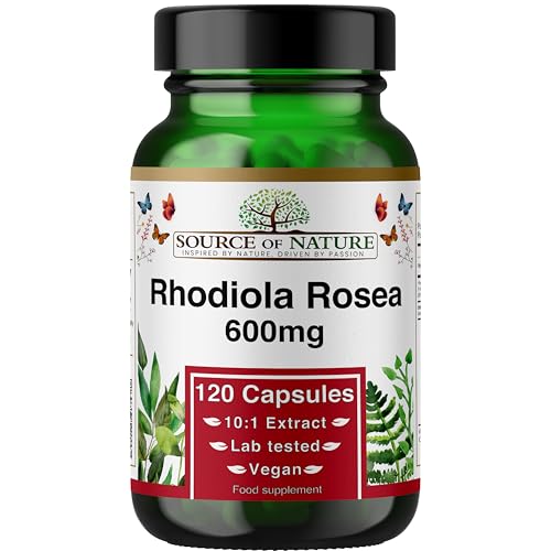 Extracto de Rhodiola Rosea 600 mg (10:1) – 120 cápsulas veganas – Raíz de rosa (Raíz dorada) – Analizado en laboratorio – Suministro para 4 meses – Source of Nature