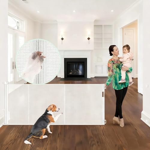 Reinforced 96" Wide Retractable Baby Gates Extra Wide Dog Gate with Support Rods - Prevent Crawling Under, Retractable Dog Gate Indoor Outdoor Retractable Gate Wide Baby Gates for Large Openings,White