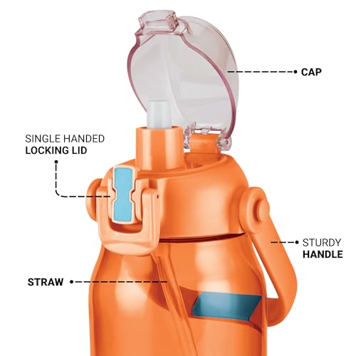 Image of MILTON Juwel 1500 Premium Crystal Clear Unbreakable Material Sipper Water Bottle | BPA Free | One-Touch Open|Leak-Proof | Sturdy Handle Cum Mobile Holder | Ideal for Office, School, Gym, 1460ml,Orange