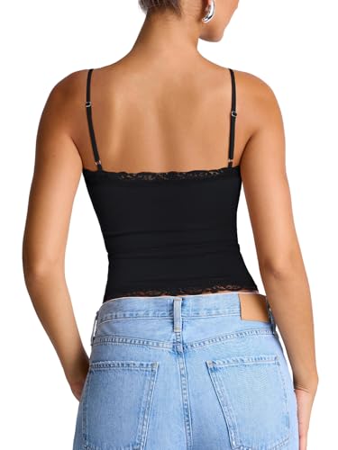PINKMSTYLE Women Sexy Lace Trim Cami Tank Square Neck Double Lined Tank Tops Basic Summer Tops Cute Sleeveless Shirts Black Small — view 5