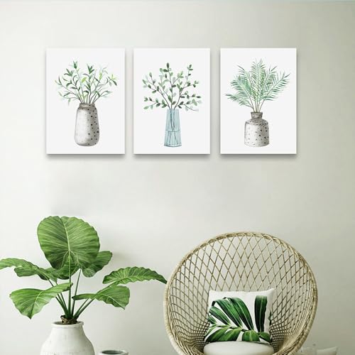 DZRWUBHS 3pc Canvas Wall Art - Green Leaf Vase - Framed Wall Painting for Dining Room - 12x16in