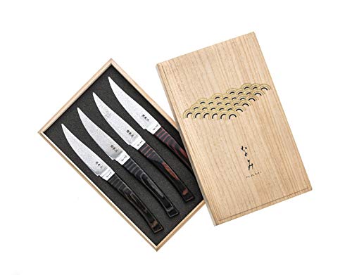 NAMI Steak Knives - Damascus Non-Serrated Steak Knives Set of 4 - Premium Paulownia Gift Box