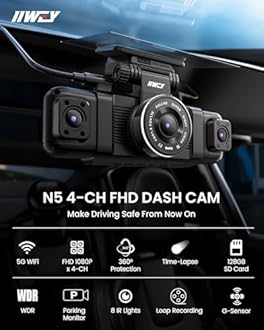 IIWEY N5 4 Channel Dash Cam 360° View, 1080P Front and Rear Inside, Left Right Dash Camera for Cars, 8 IR Lamps Night Vision, 5G WiFi & APP Control, G-Sensor, Parking Mode, with a Free 128GB SD Card