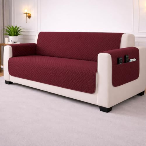 Image of STITCHNEST 'Airsoft Range Series' Solid Quilted Velvet Sofa Cover for 3 Seater | Premium Soft Velvet Sofa Protector | Maroon Diamond Quilted Design with Armrest Pockets | Furniture Cover