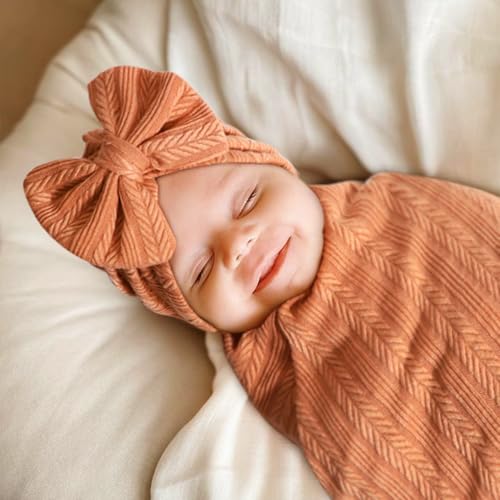 Image of AQOKKA Baby Swaddle Blankets with Bow Hat Headband Set Wheat-Pattern Infant Receiving Blankets Swaddles for Newborns Unisex Toddler Swaddle Wrap Sets for Baby Girls Boys Nursery Warm Shower Gift
