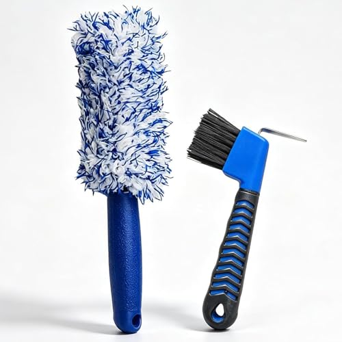Image of 2 Pcs Car Wheel Cleaning Brush Kit with Tire Groove Hook Brush, Scratch-Free Alloy Wheel Detailing Brush, Soft Dense Bristles Car Cleaning Brush, Removes Stone & Debris from Tire Tread (Blue)