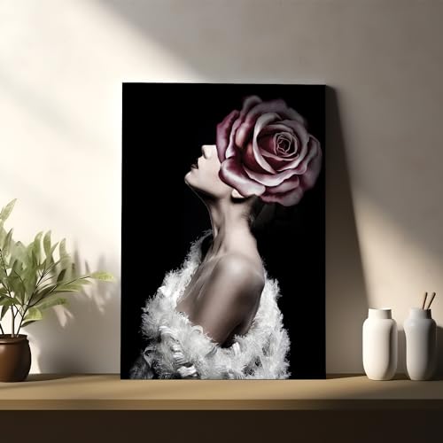Image of PAINTINGMANTRA Stretched Modern Canvas Wall Art Painting, Red Rose Women Flower Artwork for Living Room, Home, Bedroom, Office Decoration (Set of 1, 16x22 Inch)
