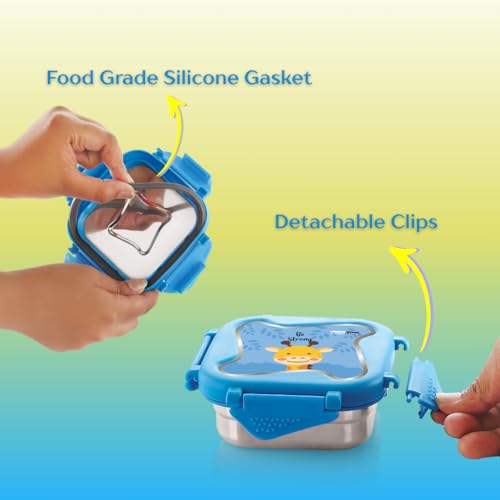 Image of STEELLOCK Smart Kids Stainless Steel Lunch Box, Leakproof & Airtight Tiffin Box for School Boys & Girls, BPA Free Food Grade with 4-Side Clip Lock | 360 ML | Blue, 3D /UV Print Giraffe