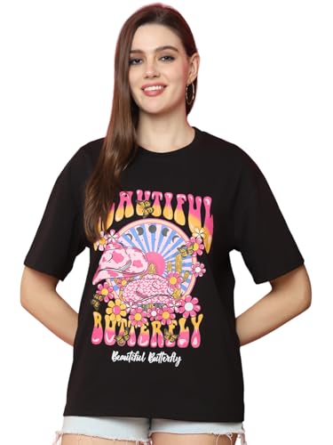 Image of Preneum Women's Cotton Aesthetic & Cool Graphic Printed Baggy Fit Drop-Shoulder Sleeves Cotton Oversized T-Shirt || Printed