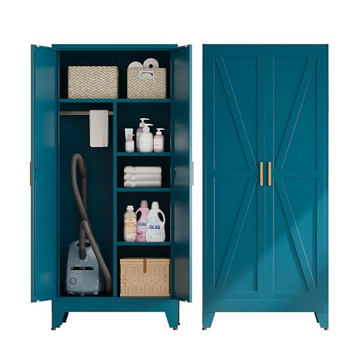 Metal Combination Cabinet, Utility Storage Cabinet with 4 Shelves, Farmhouse Pantry Closet with Doors, 71" Tall Storage Cabinets with Hanging Rod and Clothing Shelf for Hallway Laundry Mudroom