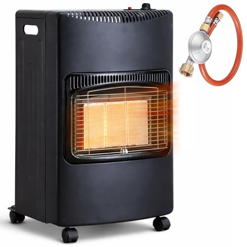 BAKAJI Stufa a Gas per Bombola da 15 kg con Struttura in Lastre di Metallo e 3 Elementi Riscaldanti in Ceramica, 3 Potenze Selezionabili 1400/2800/4200 Watt, Regolatore Kit Incluso e 4 Ruote Girevoli