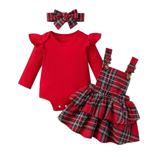de Manga Larga con Volantes y Canalé Liso para Niñas Pequeñas con Estampado de Cuadros Vestido Tipo y Diadema Ideal para Sesión de Fotos (Red, 6-12 Months)