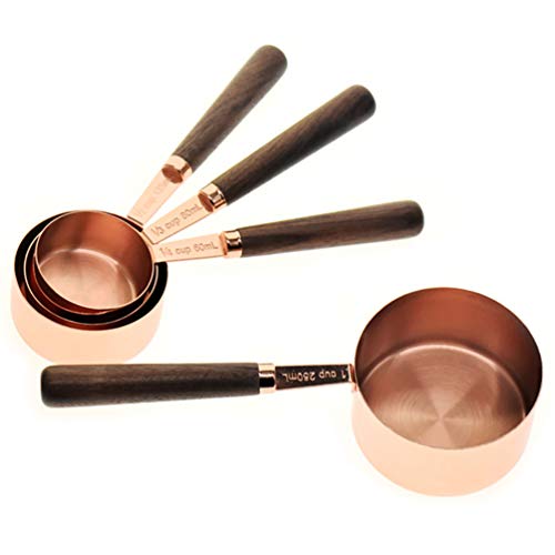 Goeielewe Set Of 4 Stainless Steel Measuring Cups, Copper Plated Nesting Measuring Cup Set With Walnut Wood Handle For Dry And Liquid Ingredients (Cups Set: 1/4, 1/3, 1/2, 1 Cup) #TOP4