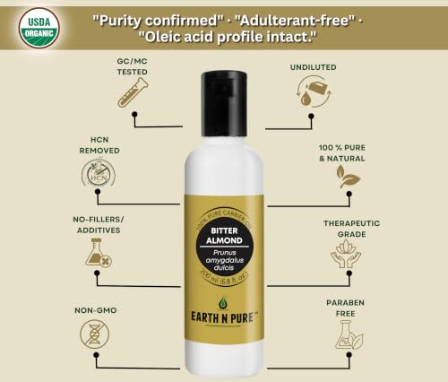Image of Earth N Pure Bitter Almond Oil for Skin Care, Hair Care & Massage | for DIY, Aromatherapy & Beauty Use | Premium Quality, Cold Pressed, Multi-Purpose Oil 200ml