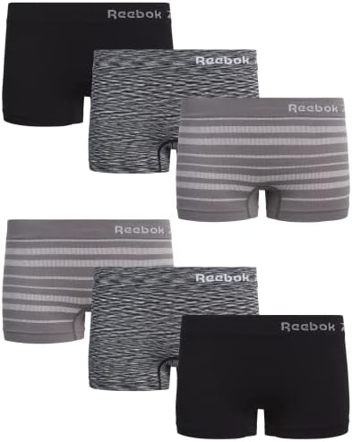Reebok Women's Seamless Stretch Performance Boyshort Panties (6 Pack), Size Small, Black/Grey Stripe