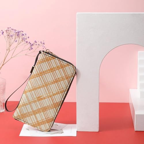 Autumn Orange Diagonal Checkered Patterns PU Leather Clutch Long Bifold Wallet, Coin Purse Credit Pass Case, Durable Card-Holder Money Storage for Women Men 6