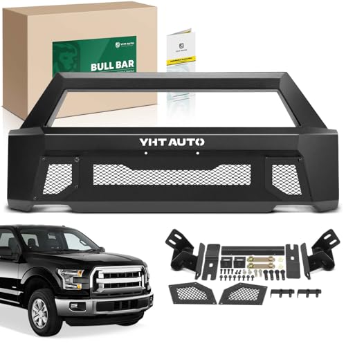 Image of YHTAUTO Bull Bar Push Bar with Skid Plate Light Mount Fit Ford F-150 2015-2017, Carbon Steel Brush Guard for Truck Front Bumper Textured Black Off Road Accessories