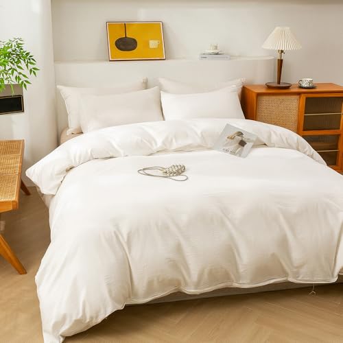 Image of ECOCOTT 100% Washed Cotton Duvet Cover Twin Size - Soft & Breathable Linen Feel Bedding Set, 3 Pieces White Comforter Cover with Zipper Closure for All Seasons