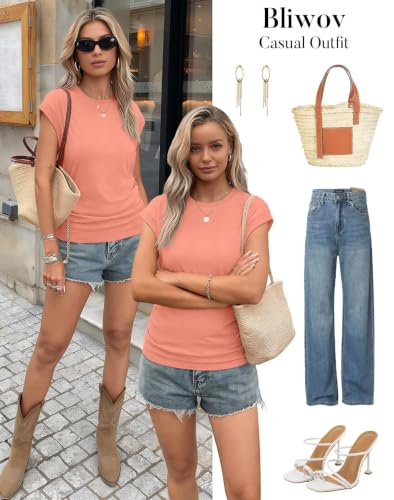 Image of Bliwov Womens Summer Tops Cap Sleeve Crew Neck Casual T Shirts