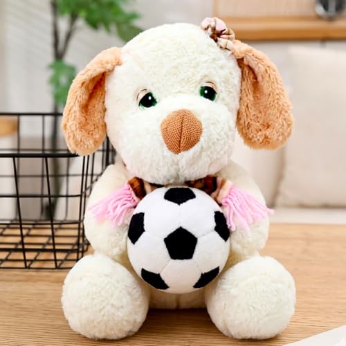 Image of Tickles Muffler Dog with Football Soft Stuffed Plush Animal Sports Theme Toy for Kids Boys & Girls Birthday Gifts (Size: 22 cm Color: White)
