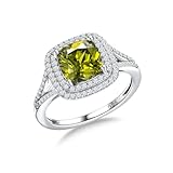 RANDES August Birthstone Ring 925 Sterling Silver Peridot Rings for Women Cushion Shaped Gemstone Engagement Wedding Ring Size 7