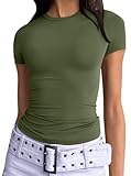 Cuptacc Camiseta Manga Corta Mujer Slim Fit Básica Camisetas para Mujer Y2K Top Verde Militar TikTok Party Streetwear Talla XS 32-34