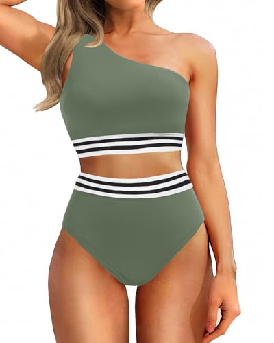 Image of Holipick Women One Shoulder High Waisted Bikini Set Two Piece Tummy Control Swimsuits Full Coverage Bathing Suit