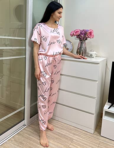 Image of Ekouaer Womens Satin Silky Pajama Set Short Sleeve Shirt with Long Pajama Pant Set Soft PJ Loungewear