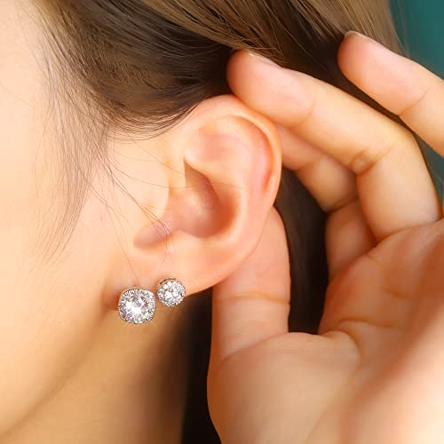 ALEXCRAFT Sterling Silver Stud Earrings for Women Girls Cubic Zirconia Halo Round Heart Square Diamond Large Silver Stud Set2