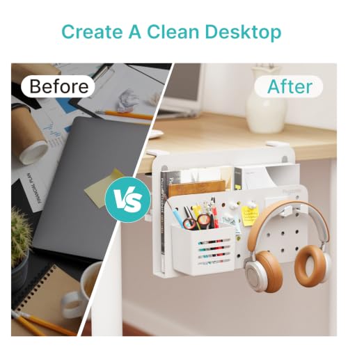 Image of PEGZONE Desk Side Storage Organizer, No Drill Under Desk Laptop Holder, Clamp on Desk Shelf with Pegboard Accessories, Hanging Laptop Mount, Fits Flat Edge Desks 0.4 inch to 2.2 inch, White