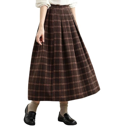 chouyatou Women's Retro Plaid Checkered Wool Skirt High Elastic Waist A-Line Pleated Midi Long Skirt