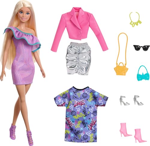 Image of Barbie Doll with Clothes and Accessories, Blond Hair and 3 Party-Themed Mix-and-Match Outfits Including Dresses, Purses and Heels