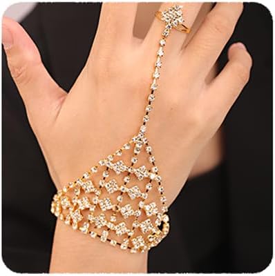 YERTTER Elegant Rhinestone Bridal Slave Chain Link Bracelet Silver Gold Crystal Wedding Hand Harness Bangle Finger Rings Adjustable Hand Jewelry Accessories for Women and Girls, Rhinestone Crystal